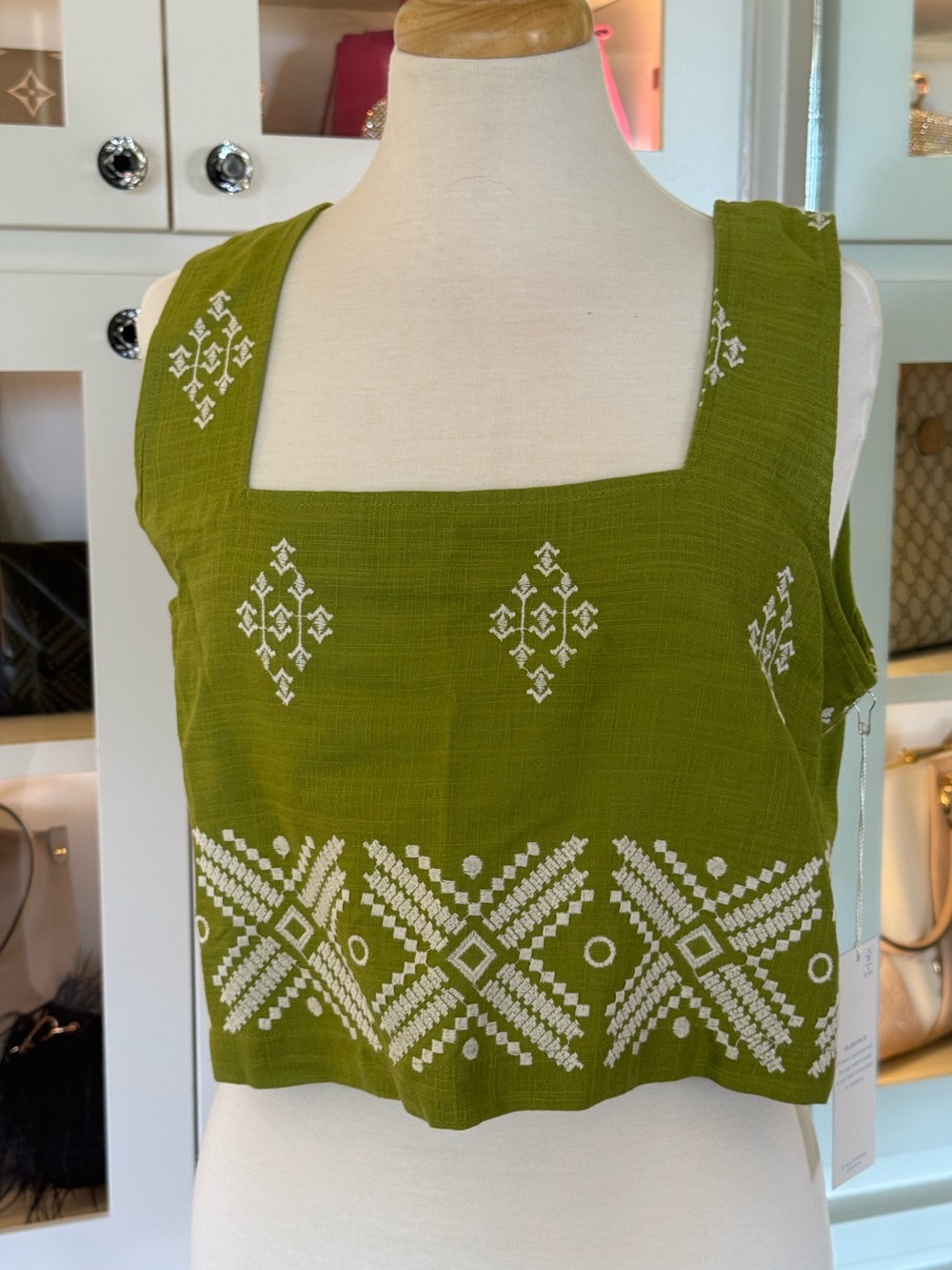 Calypso St. Barth Olive Green Embroidered Square-Neck Crop Top